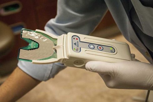 A closeup shot of the bite force analysis tool useful in diagnosing headache, migraine, TMJ and chronic tension patients.
